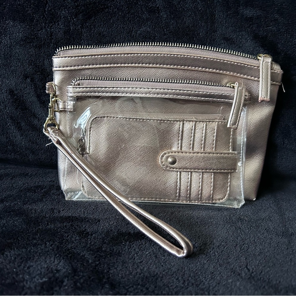 Metallic Rose Gold Wristlet Clutch - Versatile Travel Bag Set